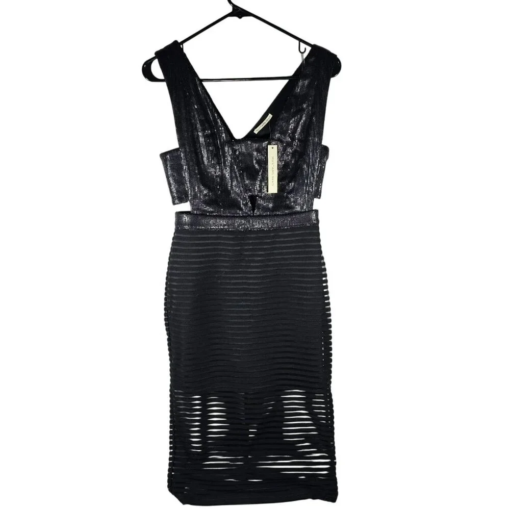 Mustard Seed NWT Cut Out Sequin Sheer Panel Midi Dress Women's Size M Black - Picture 2 of 16